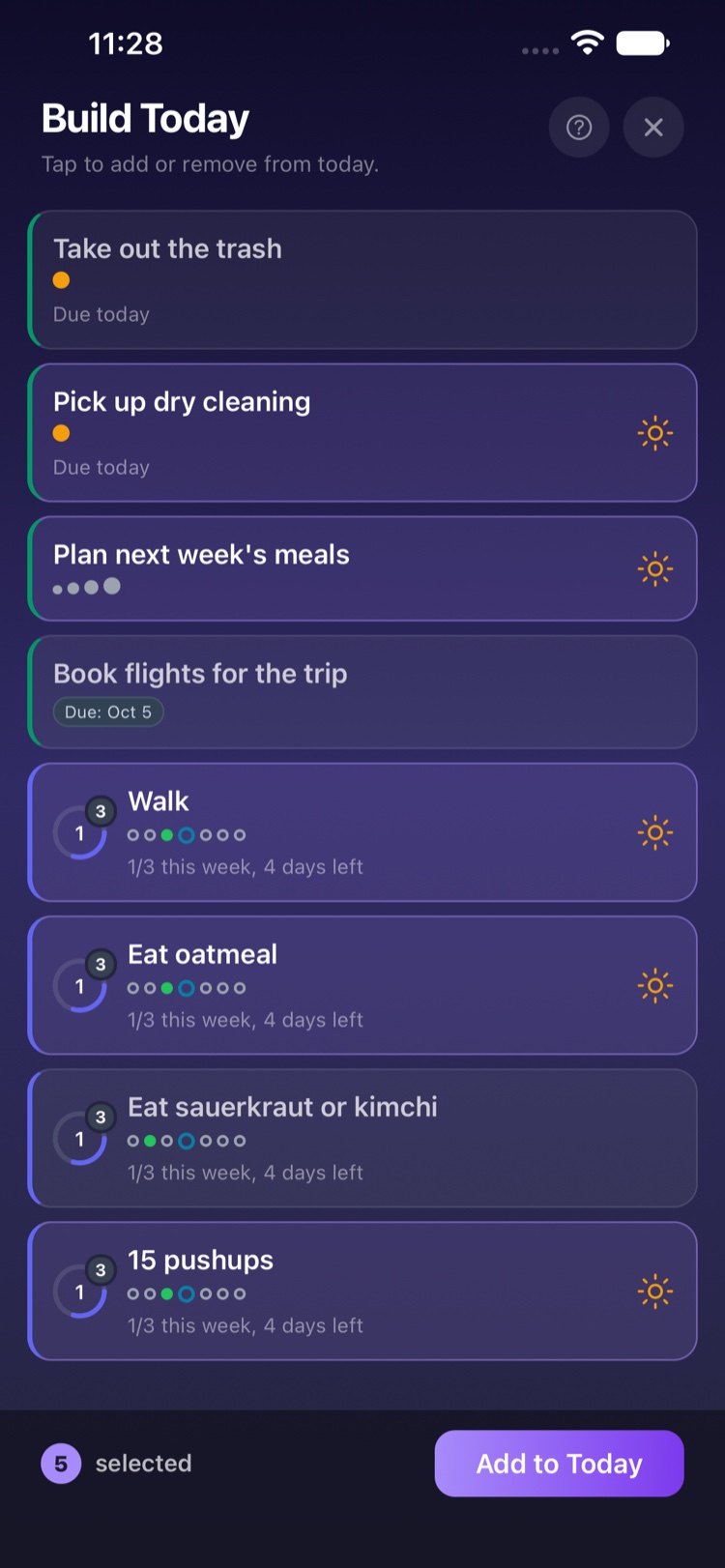 Build Today screen with items selected